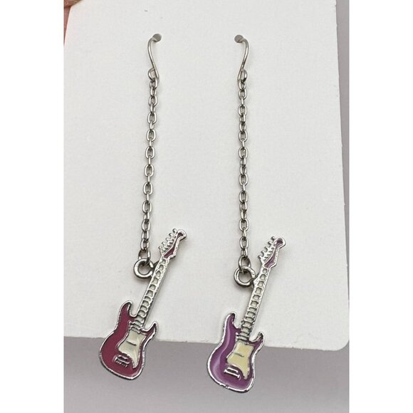 Vintage Electric Guitar Dangle Earrings Silver Tone Chain Pink Purple Musician - Picture 5 of 6